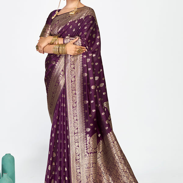Vellora Wine Purple Zari Woven Banarasi Silk Saree