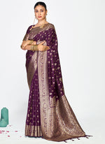 Thumbnail for Vellora Wine Purple Zari Woven Banarasi Silk Saree