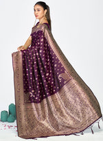Thumbnail for Vellora Wine Purple Zari Woven Banarasi Silk Saree