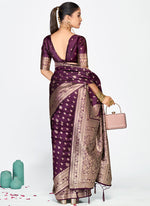 Thumbnail for Vellora Wine Purple Zari Woven Banarasi Silk Saree