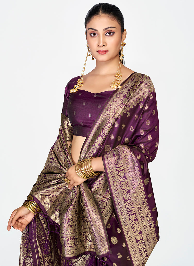 Vellora Wine Purple Zari Woven Banarasi Silk Saree