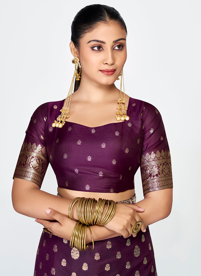 Vellora Wine Purple Zari Woven Banarasi Silk Saree