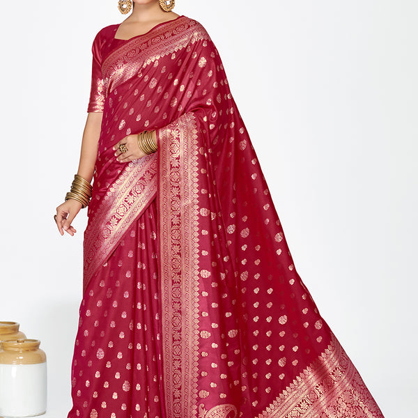 Vellora Maroon Banarasi Silk Saree with Rich Zari Detailing