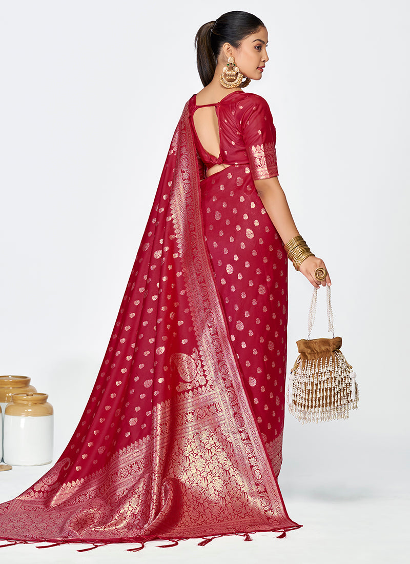 Vellora Maroon Banarasi Silk Saree with Rich Zari Detailing