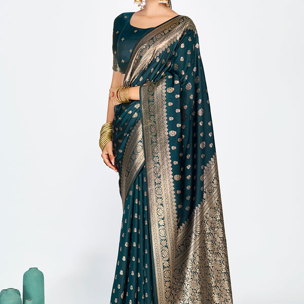 Vellora Navy Blue Premium Banarasi Silk Saree with Gold Zari