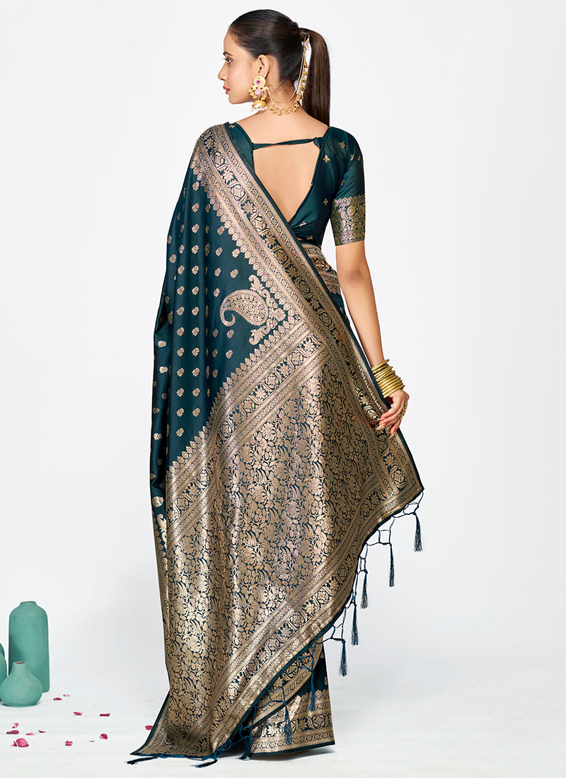 Vellora Navy Blue Premium Banarasi Silk Saree with Gold Zari