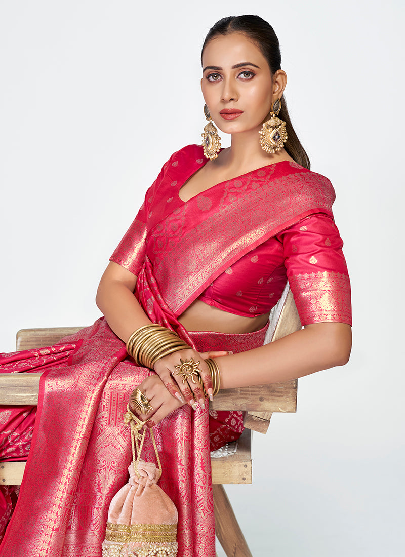 Vellora Rani Pink Premium Zari Weaving Soft Silk Saree