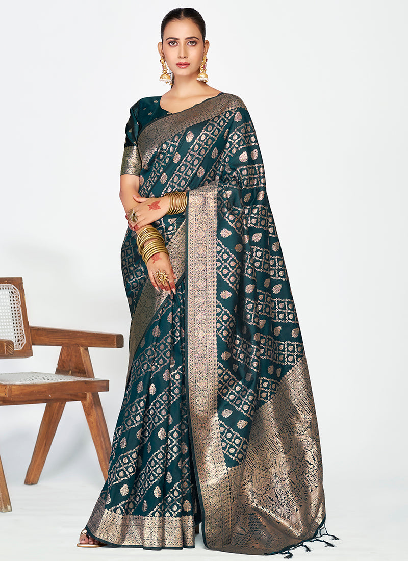 Vellora Peacock Blue Luxurious Soft Silk Zari Weaving Saree