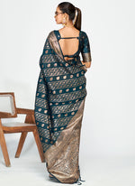 Thumbnail for Vellora Peacock Blue Luxurious Soft Silk Zari Weaving Saree - Distacart