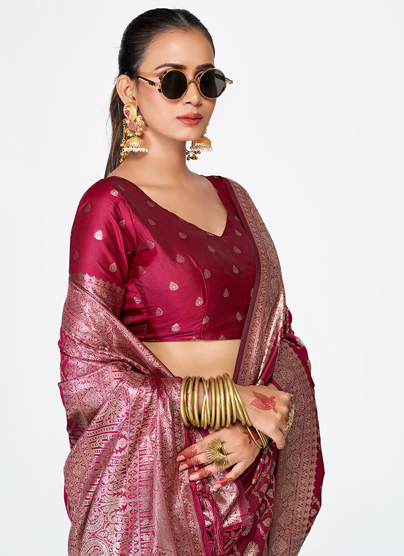 Vellora Wine Magenta Premium Zari Weaving Designer Silk Saree