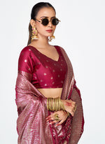 Thumbnail for Vellora Wine Magenta Premium Zari Weaving Designer Silk Saree