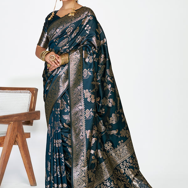 Vellora Navy Blue Banarasi Silk Saree with Rich Zari Weaving