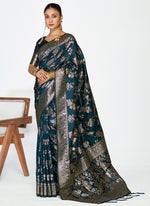 Thumbnail for Vellora Navy Blue Banarasi Silk Saree with Rich Zari Weaving