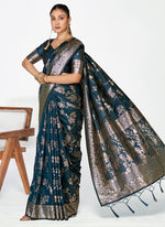 Thumbnail for Vellora Navy Blue Banarasi Silk Saree with Rich Zari Weaving