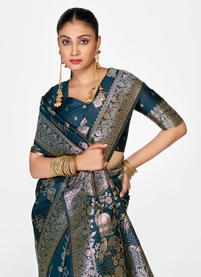 Vellora Navy Blue Banarasi Silk Saree with Rich Zari Weaving