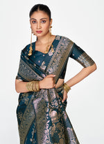 Thumbnail for Vellora Navy Blue Banarasi Silk Saree with Rich Zari Weaving