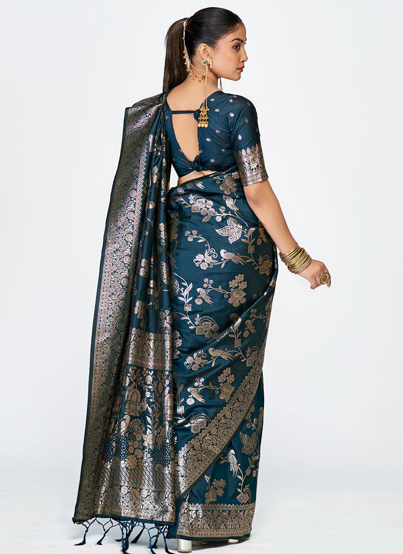 Vellora Navy Blue Banarasi Silk Saree with Rich Zari Weaving