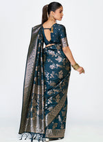 Thumbnail for Vellora Navy Blue Banarasi Silk Saree with Rich Zari Weaving
