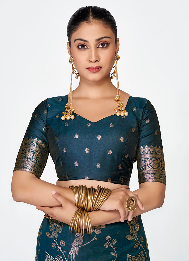 Vellora Navy Blue Banarasi Silk Saree with Rich Zari Weaving