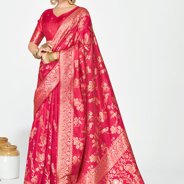 Vellora Rani Pink Banarasi Silk Saree with Golden Floral Zari