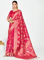 Thumbnail for Vellora Rani Pink Banarasi Silk Saree with Golden Floral Zari