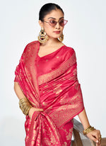 Thumbnail for Vellora Rani Pink Banarasi Silk Saree with Golden Floral Zari