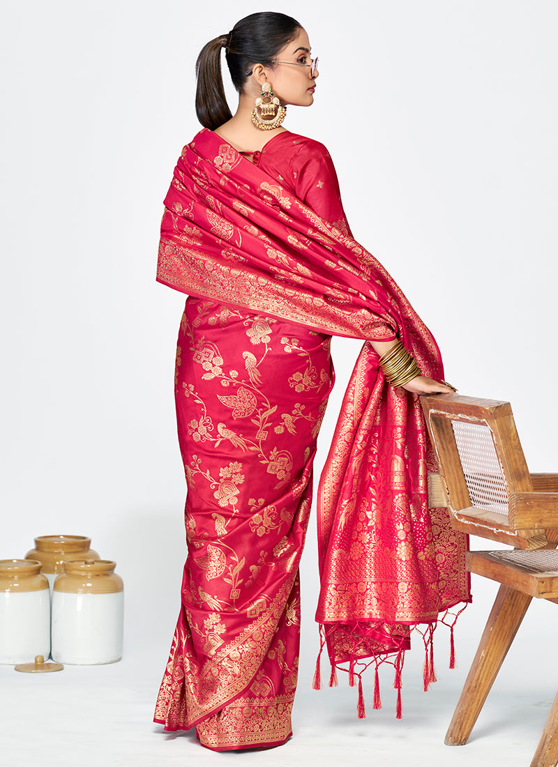 Vellora Rani Pink Banarasi Silk Saree with Golden Floral Zari