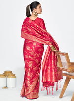 Thumbnail for Vellora Rani Pink Banarasi Silk Saree with Golden Floral Zari