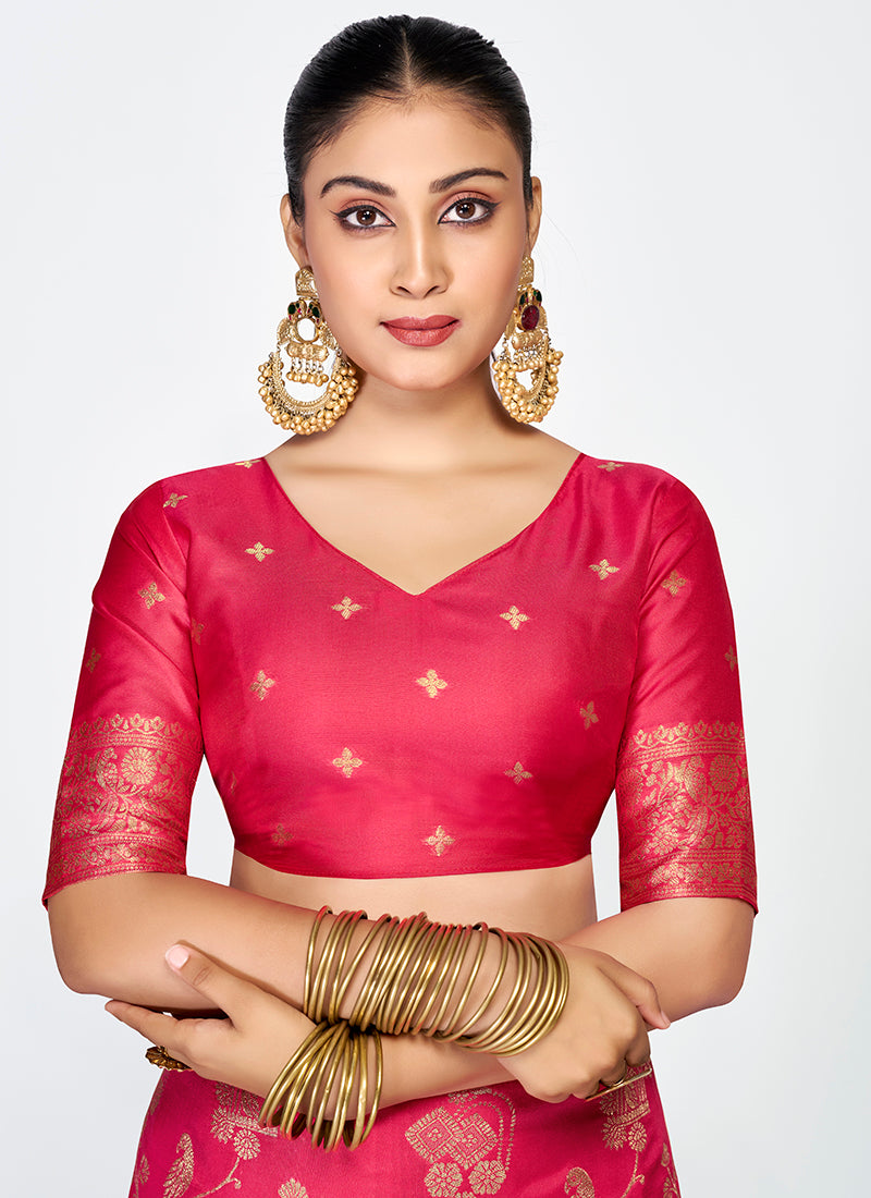 Vellora Rani Pink Banarasi Silk Saree with Golden Floral Zari