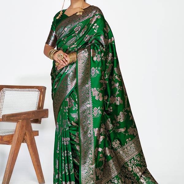 Vellora Emerald Green Banarasi Silk Saree with Intricate Zari Work