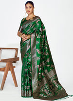Thumbnail for Vellora Emerald Green Banarasi Silk Saree with Intricate Zari Work