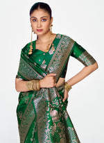 Thumbnail for Vellora Emerald Green Banarasi Silk Saree with Intricate Zari Work