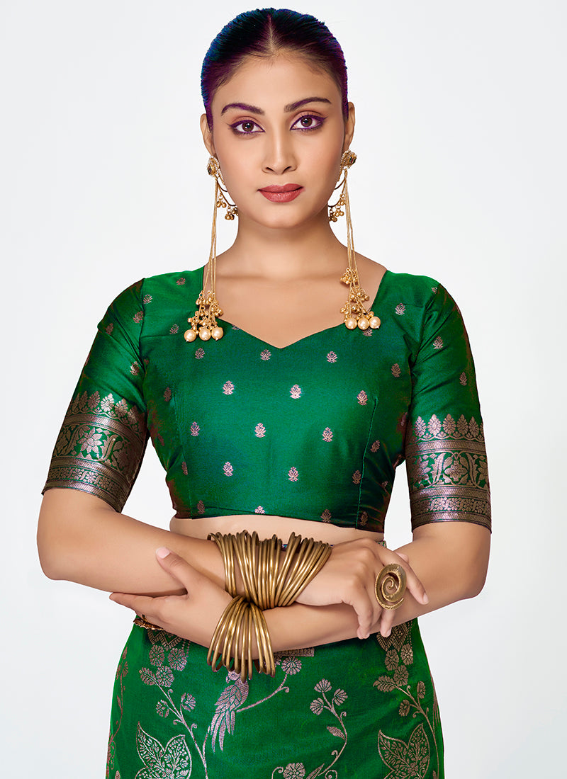 Vellora Emerald Green Banarasi Silk Saree with Intricate Zari Work