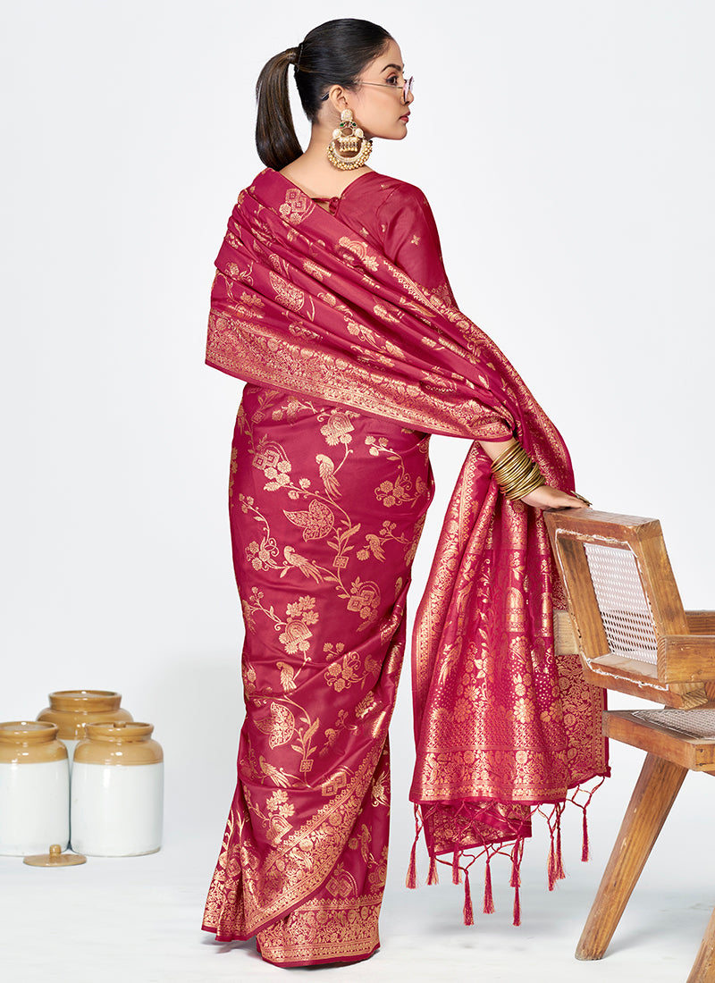 Vellora Rose Pink Banarasi Silk Saree with Antique Zari Border