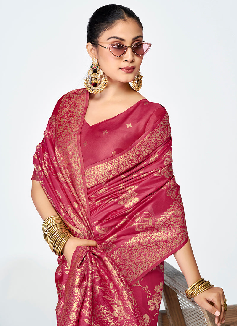 Vellora Rose Pink Banarasi Silk Saree with Antique Zari Border