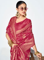 Thumbnail for Vellora Rose Pink Banarasi Silk Saree with Antique Zari Border