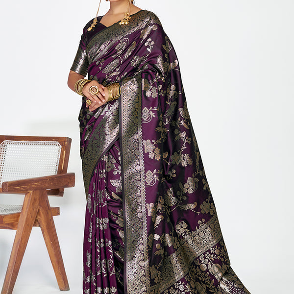 Vellora Wine Banarasi Silk Saree with Heavy Traditional Zari