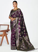 Thumbnail for Vellora Wine Banarasi Silk Saree with Heavy Traditional Zari