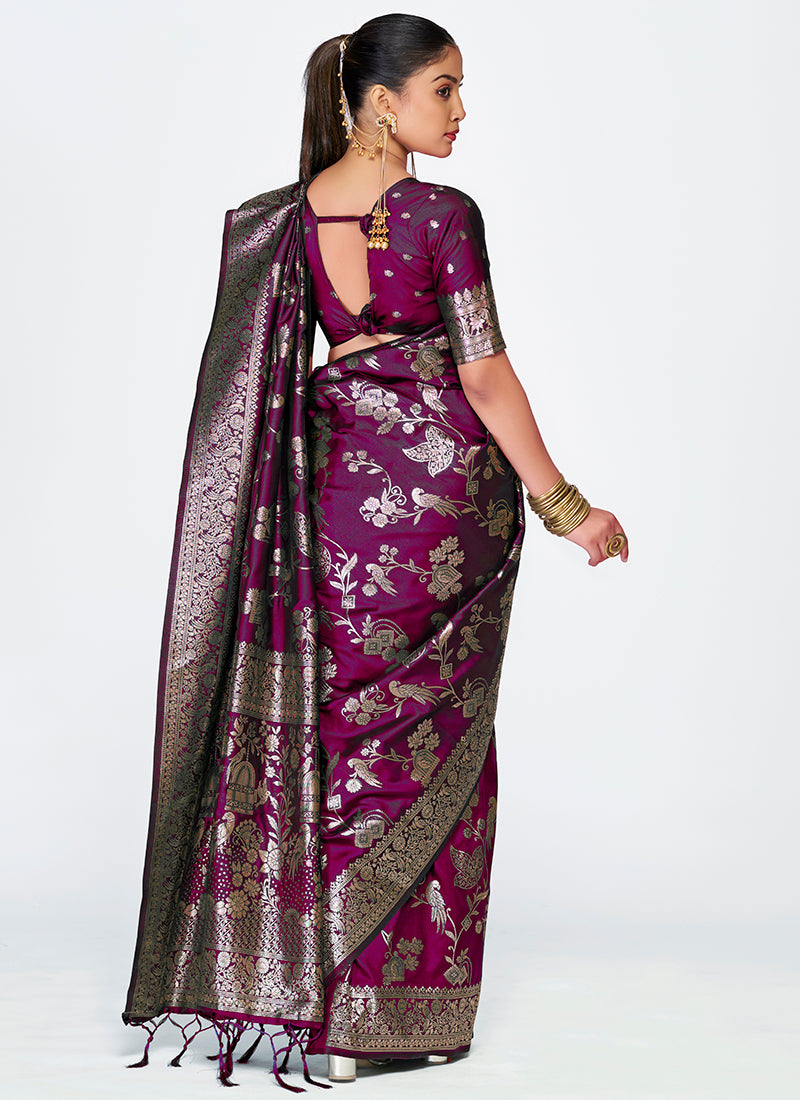 Vellora Wine Banarasi Silk Saree with Heavy Traditional Zari