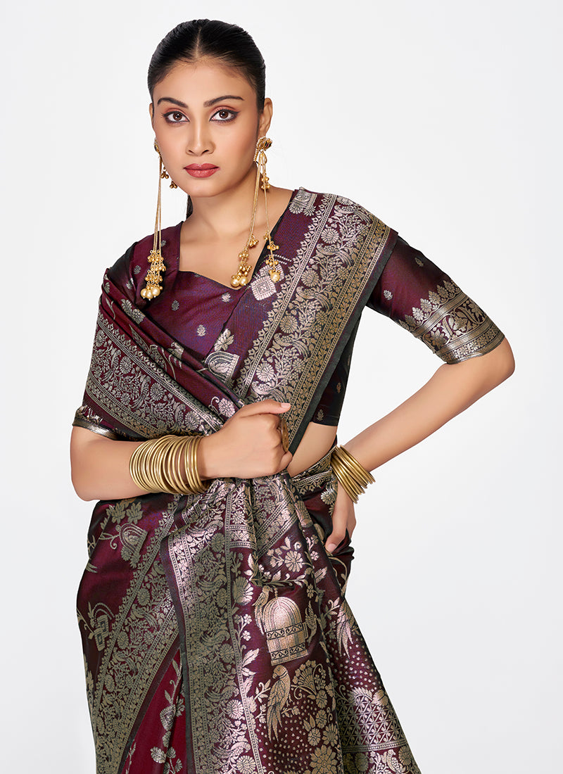 Vellora Wine Banarasi Silk Saree with Heavy Traditional Zari