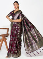 Thumbnail for Vellora Wine Banarasi Silk Saree with Heavy Traditional Zari