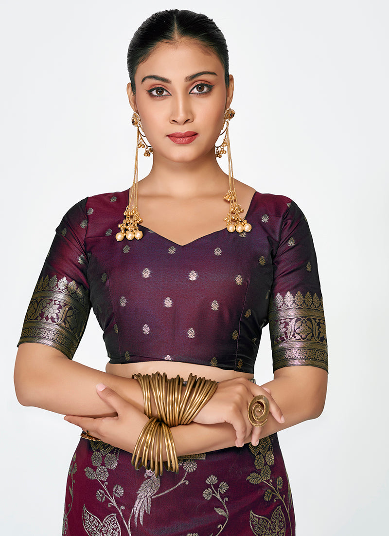 Vellora Wine Banarasi Silk Saree with Heavy Traditional Zari