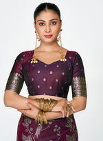 Thumbnail for Vellora Wine Banarasi Silk Saree with Heavy Traditional Zari