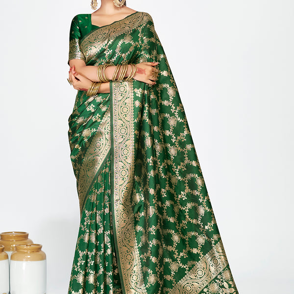 Vellora Emerald Green Banarasi Silk Saree with Rich Golden Zari Weaving