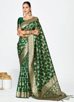 Thumbnail for Vellora Emerald Green Banarasi Silk Saree with Rich Golden Zari Weaving