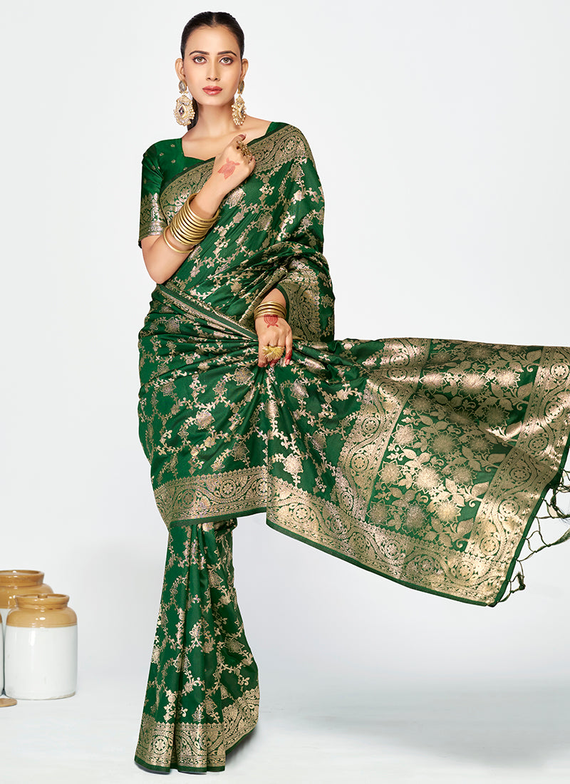 Vellora Emerald Green Banarasi Silk Saree with Rich Golden Zari Weaving