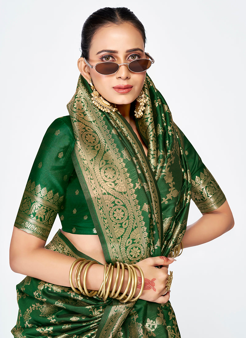 Vellora Emerald Green Banarasi Silk Saree with Rich Golden Zari Weaving