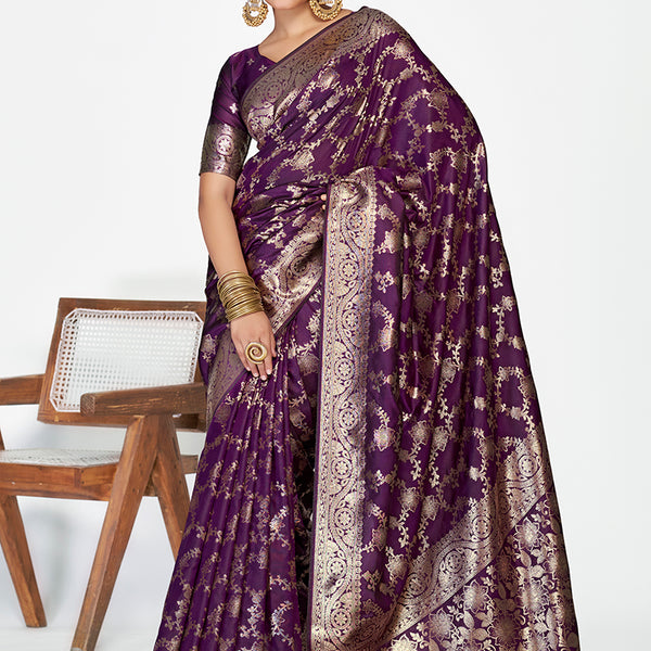 Vellora Plum Purple Banarasi Silk Saree with Traditional Floral Zari Pattern
