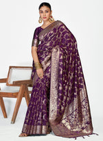 Thumbnail for Vellora Plum Purple Banarasi Silk Saree with Traditional Floral Zari Pattern