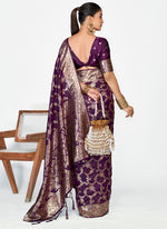 Thumbnail for Vellora Plum Purple Banarasi Silk Saree with Traditional Floral Zari Pattern
